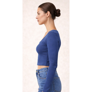 Haut court polyvalent pour femme avec col côtelé, manches longues, tissu doux et extensible, essentiel pour le quotidien, à superposer, fabriqué en Inde - Product Image 5
