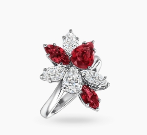 Luxury Fancy Red Lab Diamond Cluster Flower Asymmetric Bouquet Statement Engagement Anniversary <b>Fine</b> Luxury <b>Ring</b> - Product Image 1