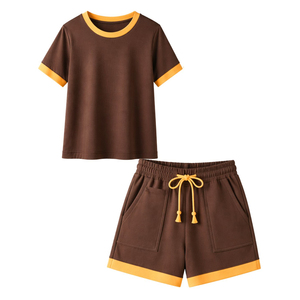 Conjunto de 2 Piezas para Mujer, Camiseta de Manga Corta con Bolsillo y Pantalones Cortos, Tejido de Punto, Corte Holgado, Cuello Redondo, Color Sólido, Primavera Verano - Product Image 1
