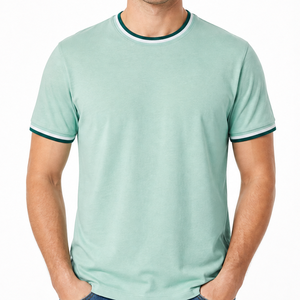 เสื้อยืดคอกลมพรีเมียมผู้ชายขายส่ง สีเขียวมิ้นท์ สีเขียวเข้ม สีขาว ลายทางสามเส้น คอริบ แขนสั้น - Product Image 1