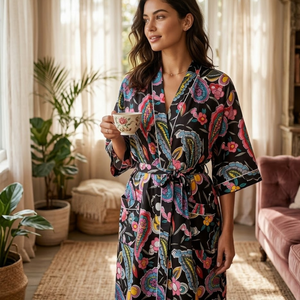 Bata Kimono Negra con Estampado Floral Paisley, Cuello en V, Manga Larga, Hecha a Mano, de Algodón, para Descansar, con Cinturón Ajustable, Estilo Boho Resort - Product Image 5