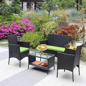 Set di Mobili da Giardino in Rattan a 4 Pezzi con Cuscini Verdi, Divano in Vimini da Esterno con Seduta Confortevole - Product Image 3