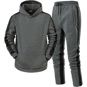 Survêtement gris à capuche pour homme, sweat-shirt et pantalon longs avec poches latérales, respirant, en polyester et coton, décontracté, pour l'automne - Product Image 3