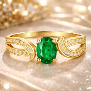 <b>Emerald</b> Color CZ Oval Engagement 925 Sterling <b>Silver</b> Gold Plated Handmade May Birthstone <b>Ring</b> For Women Jewelry - Product Image 3
