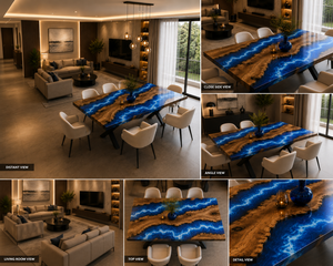 Table de salle à manger en résine bleu océan sur mesure, table de salle à manger en noyer avec bord naturel, mobilier en bois moderne, planche de cuisine de luxe - Product Image 4