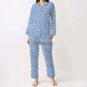Conjunto de pijama para casa de verano hecho a mano, bloque indio, Primavera/Verano, Floral/personaje/letra/patrón/vacaciones/patrón de árbol de coco - Product Image 4