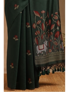 Sari KV para Mujer, Verde, con Estampado Chanderi Pichwai y Blusa sin Coser - Product Image 5