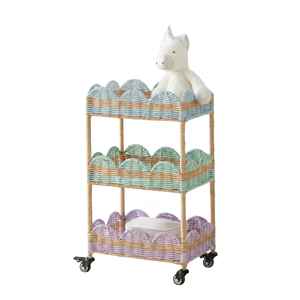 Handcrafted 3-Tier Scalloped Rattan Rolling Cart Multi-Color Woven Kids Nursery Utility Cart with Wheels for Kitchen Living Room - Product Image 1