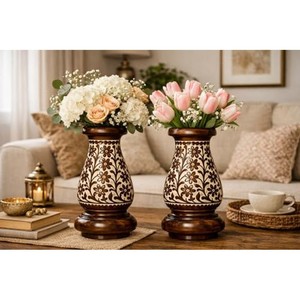Hand-Carved Sheesham Wood Vase Wholesale | Inlay Floral Design | Moradabad - Product Image 3