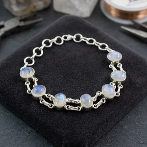 Pulseras elegantes de plata de ley 925 con piedra lunar arcoíris, plata auténtica, para uso diario, joyería hecha a mano para mujer - Product Image 2