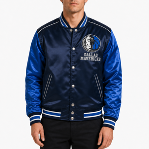 Vestes universitaires en satin pour hommes, inspirées de l'équipe de basketball de Dallas, bleu marine et bleu roi, broderie personnalisée, fournisseur en gros, tenue tendance - Product Image 2
