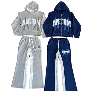 Sudadera con capucha de hombre con cremallera, de tejido grueso, con efecto desgastado, parche bordado vintage, lavado ácido y pedrería, de fabricante a medida. - Product Image 1