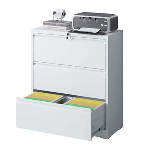 Armadietto Laterale Bianco a 3 Cassetti con Serratura, Mobile in Metallo per Ufficio e Casa, Armadietto Portadocumenti con Chiusura di Sicurezza - Product Image 1