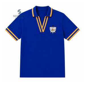 เสื้อโปโล Sigma Gamma Rho Sorority สำหรับผู้หญิง สีน้ำเงินลายทอง คอวี ผ้าปิเก้ถัก แขนสั้น ปักลายตราสัญลักษณ์ คอปก - Product Image 1