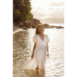 Vestido Maxi Amorzinho Beautiful Uma - Clásico, Hecho a Mano, 100% Algodón, Textura Suave, Rayas, Lavable, Cuello en V, Manga Abullonada - Product Image 1