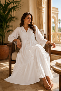 Elegante Vestido Maxi Blanco con Botones Delanteros y Volantes para Mujer, Vestido de Verano con Cuello en V y Manga Acampanada, Vestido Holgado de Playa, Vestido de Algodón al por Mayor - Product Image 5