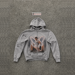 Sweat à capuche zippé gris oversize avec motif ange, style décontracté, en tissu French Terry, coupe classique, pour l'automne, lavage vintage, qualité premium - Product Image 5