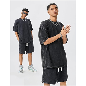 Men Oversized T Shirt Shorts <b>Set</b> Summer Casual Streetwear Cotton Breathable Matching Outfit Loose Fit Lounge Wear - Product Image 5