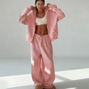 Women's Winter <b>Pink</b> Hooded Fleece <b>Tracksuit</b> <b>Set</b> Full Sleeve Loose Fit Solid Color Sweatshirt Pants Drawstring Side Pockets - Product Image 4