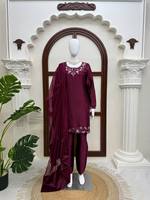 Burgunderrotes Seiden-Choli-Salwar-Kameez-Set mit Stickerei, Hochgeschlossener Knöchellanger Tunika, Traditionelles Indisch-Pakistanisches Party- und Hochzeitsoutfit