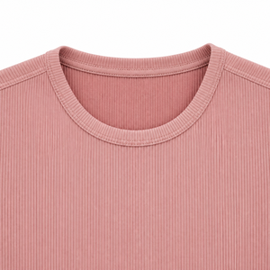 T-shirt décontracté pour femme en mélange de coton côtelé, coupe ajustée, col rond, manches courtes, couleur rose poudré - Product Image 5