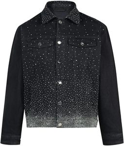 Veste en jean noire pour homme avec motif à pois en strass, col rabattu, manches classiques, style décontracté pour l'automne, avec capuche à strass - Product Image 1
