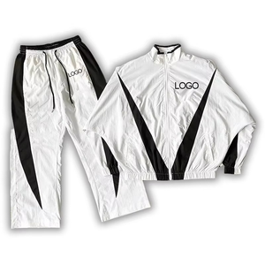 Ensemble de survêtement vintage deux pièces zippé pour homme, personnalisable avec logo imprimé, en polyester, style streetwear, coupe-vent, pour le jogging - Product Image 1