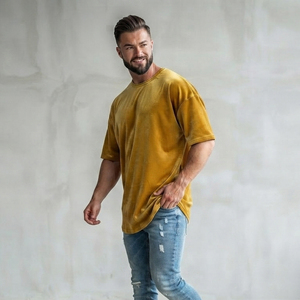 เสื้อยืดโอเวอร์ไซส์ผู้ชาย ผ้ากำมะหยี่ แขนสั้น คอกลม สไตล์ลำลอง ทรงหลวม สตรีทแวร์ ไหล่ตก พรีเมียม 260 กรัม ผ้าฝ้าย 100% - Product Image 2