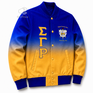 เสื้อแจ็คเก็ตโอเวอร์ไซส์ผ้าซาตินแบบไล่เฉดสีสำหรับผู้หญิง ยี่ห้อ Sigma Gamma Rho ปักลายตัวอักษรกรีก ติดกระดุมแป๊ก คอเสื้อและปลายแขนเสื้อถักแบบริบบิ้น - Product Image 2
