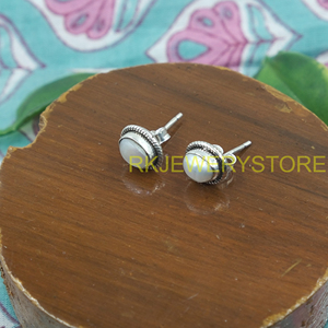 Natural Mother of Pearl Stud Earrings 925 Sterling Silver Handmade Oval Cabochon Vintage Statement Jewelry Gift for Women <b>Wife</b> - Product Image 4