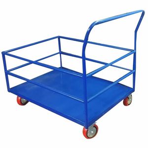 Chariot à plateforme en acier bleu avec quatre roues, structure industrielle durable avec revêtement en poudre - Product Image 1