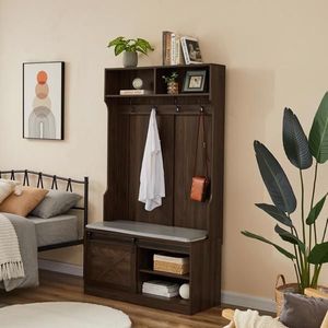 Appendiabiti a colonna marrone scuro con scarpiera contenitore, mobile appendiabiti per camera da letto, soggiorno, parco, supermercato, palestra - Product Image 2