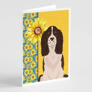 Summer Sunflowers Liver English Springer Spaniel Tarjetas de felicitación Pack 8 Whimsical A7 Tamaño 5x7 Tarjetas de notas en blanco con sobres - Product Image 1