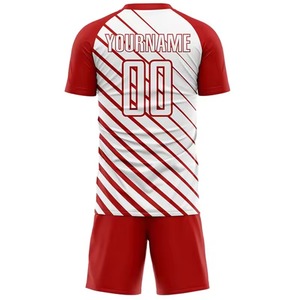 Ensemble de maillot de football rayé rouge et blanc personnalisé avec short, impression sublimée, polyester à séchage rapide, uniforme unisexe pour adultes - Product Image 2