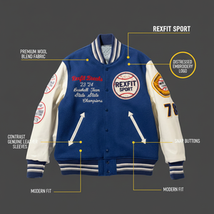 เสื้อแจ็คเก็ตวาร์ซิตี้ RexFit Sport Premium รุ่นสั่งทำพิเศษสำหรับผู้ชาย แบบ Letterman เบสบอล บอมเบอร์ ตัวเสื้อทำจากผ้าขนสัตว์ แขนเสื้อทำจากหนัง ผลิตตามแบบ OEM - Product Image 5