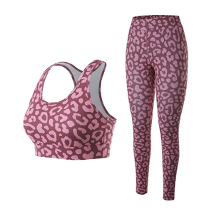 Ensemble de yoga imprimé léopard rose, leggings taille haute, col rond, 2 pièces, sans couture, longueur intégrale, vêtements de sport - Product Image 5