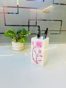 Porte-stylo en marbre avec motif floral rose, impression UV, organiseur de bureau pour usage professionnel, pièce artisanale - Product Image 2
