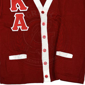 Cardigan à lettres grecques, rayures bordeaux et blanches, pull pour homme, tricoté en acrylique, col en V, manches longues, logo KAP, tenue universitaire - Product Image 2