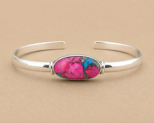 Silver Cuff <b>Bracelet</b> With Pink And Blue Natural Stone Inlay Bohemia Style Everyday Wear Unisex Jewelry - Product Image 5