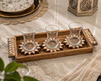 Plateau de service rectangulaire en bois avec incrustation florale, 3 porte-verres, ensemble décoratif rustique, design en bois artisanal