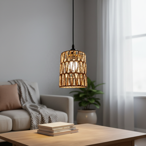 Abat-jour cylindrique en rotin de papier tissé fait main personnalisable, éclairage suspendu de style campagnard écologique - Product Image 5