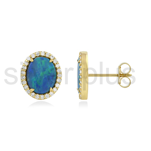 Pendientes de Oro Sólido de 18K con Ópalo Azul Natural, Diseño Clásico para Regalo de Boda, con Halo de Diamantes y Gema Ovalada Doble - Product Image 4