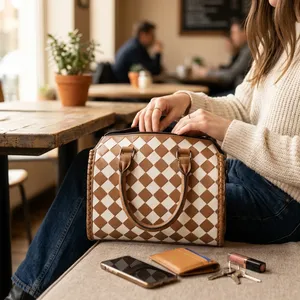 Checkered Genuine Leather Shoulder Bag Women <b>Handbag</b> Zipper Purse Portable Daily Travel Bag - Product Image 6