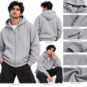 Wholesale Custom <b>Men</b>’s Zip Up Sweatshirt Heavyweight Cotton Fleece <b>Plain</b> Oversized Streetwear <b>Hoodies</b> Y2K Fashion Supplier USA - Product Image 5