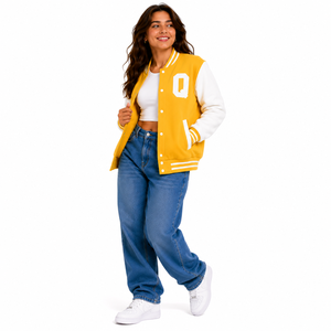Beige White Wool Windproof Varsity Jacket Embroidered Letter B Preppy Style Regular Fit Turn-down Collar <b>Covered</b> <b>Button</b> Unisex - Product Image 2