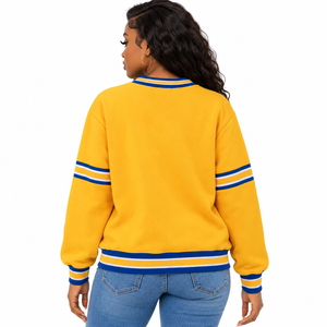 Sudadera de chenilla con cuello redondo Sigma Gamma Rho Gold 1922 con bolsillo canguro, ribete acanalado a rayas azul real, hermandad griega - Product Image 2