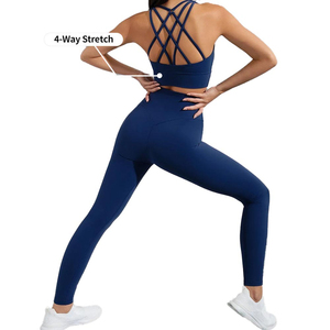 Sujetador deportivo sin costuras para mujer, cuello halter, soporte alto, azul liso, para yoga y entrenamiento, ropa deportiva transpirable de secado rápido, encaje, elastano/nailon - Product Image 2