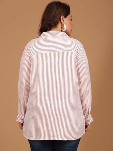 Chemise boutonnée à manches longues pour femmes, taille plus, rayée rouge et blanc, coupe classique, col à revers, viscose rayonne - Product Image 3