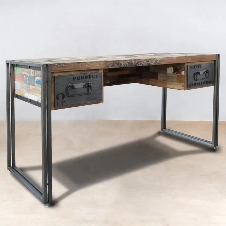Mesa de escritório industrial vintage, mesa de escritório executivo indiano reclaim rústico reciclar madeira mesa antigo jodhpur 2 gavetas mesa de estudo