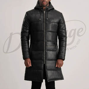 Manteau long matelassé en cuir véritable noir pour homme, veste d'hiver chaude à capuche, parka en peau de mouton résistante pour homme - Product Image 2